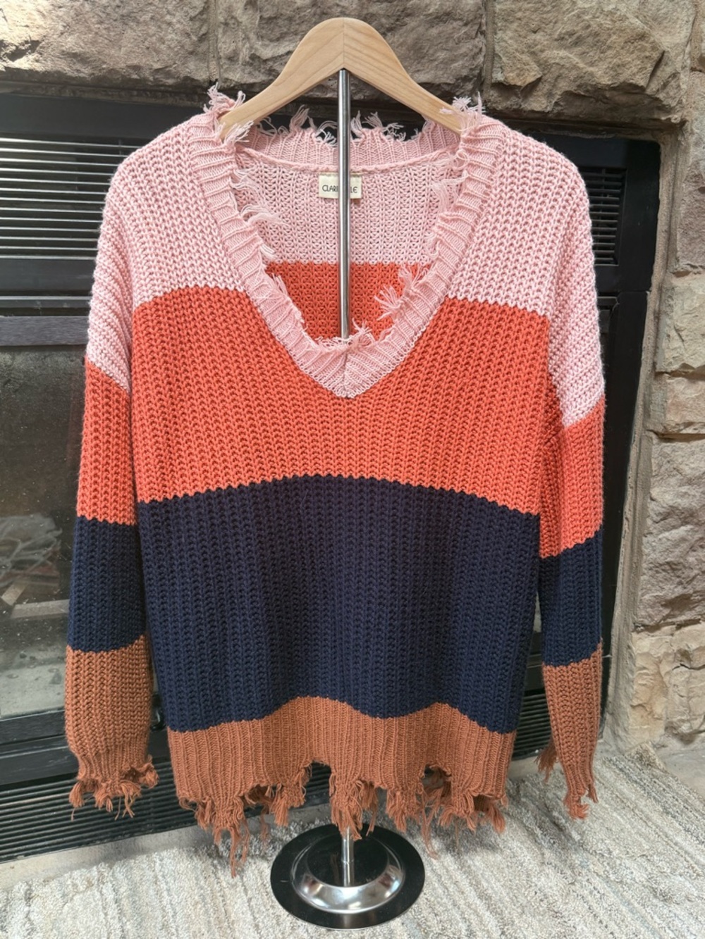 Women’s Striped V-Neck Sweater - Pink, Orange, Navy, Brown